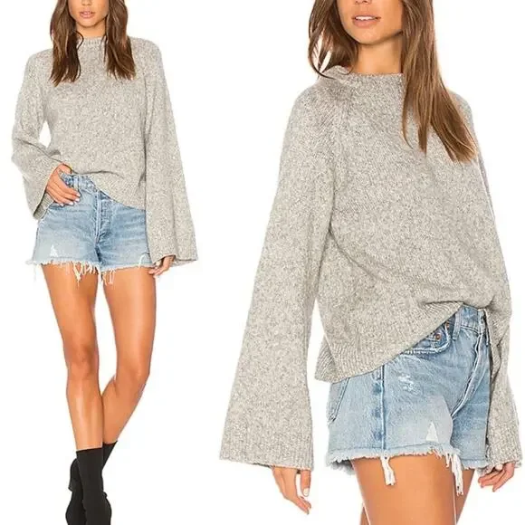 Adriano Goldschmied Noelle Gray Silver Chunky Knit Flare Sleeve Sweater SZ L - Picture 3 of 14